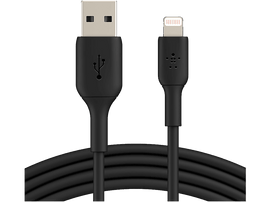 Câble USB vers Lightning noir avec connecteurs à chaque extrémité.