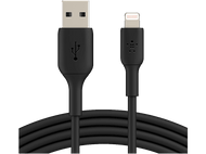Câble USB vers Lightning noir avec connecteurs à chaque extrémité.