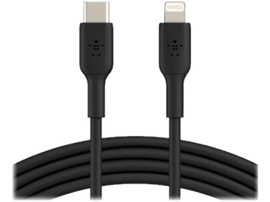 Câble USB-C vers Lightning noir. Connecteurs noirs aux deux extrémités, câble noir.