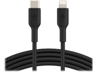 Câble USB-C vers Lightning noir. Connecteurs noirs aux deux extrémités, câble noir.