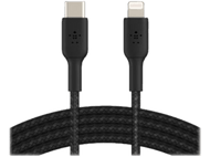 Deux câbles noirs, l'un avec connecteur USB-C, l'autre avec connecteur Lightning.
