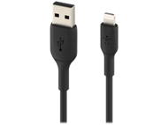Un câble Belkin USB vers Lightning noir avec connecteur USB-A et connecteur Lightning.