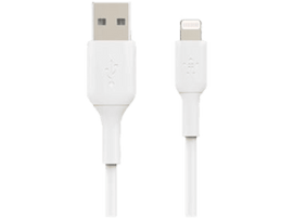 Câble blanc USB vers Lightning. Les deux extrémités du câble sont présentées sur fond blanc.