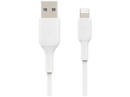 Câble blanc USB vers Lightning. Les deux extrémités du câble sont présentées sur fond blanc.
