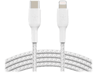 Câble USB-C tressé blanc vers Lightning, avec connecteurs aux deux extrémités.