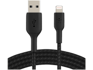 Un câble noir USB vers Lightning. Il possède un connecteur USB et un connecteur Lightning.