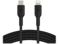 Câble de chargement Belkin noir. Une extrémité est USB-C, l'autre est Lightning. Texture tressée.