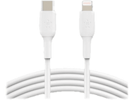 Un câble de charge blanc avec un connecteur USB-C à une extrémité et un connecteur Lightning à l'autre, à plat.