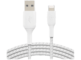 Câble USB vers Lightning blanc, connecteurs blancs et câble tressé.