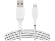 Câble USB vers Lightning blanc, connecteurs blancs et câble tressé.