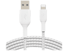 Charger l&#39;image dans la galerie, Câble USB vers Lightning blanc. Le câble a une couche extérieure tressée blanche et deux connecteurs.
