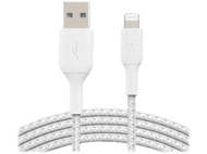 Câble USB vers Lightning blanc. Le câble a une couche extérieure tressée blanche et deux connecteurs.