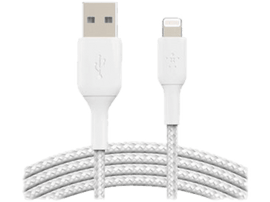 Câble USB vers Lightning blanc. Marque Belkin. Conception tressée.