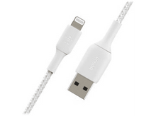 Charger l&#39;image dans la galerie, Câble Lightning blanc Belkin. Le câble a un cordon tressé blanc et des connecteurs blancs.

