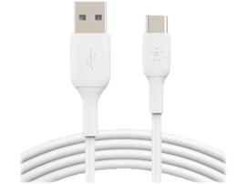 Un câble blanc USB vers USB-C, avec les deux connecteurs visibles et un fond blanc.