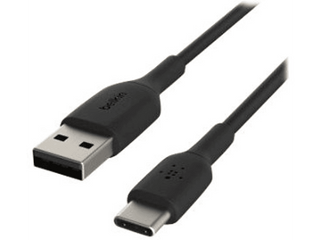 Câble USB vers USB-C Belkin noir sur fond blanc.