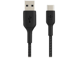 Câble noir Belkin USB vers USB-C, avec connecteurs USB et USB-C, sur fond blanc.
