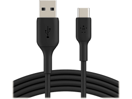 Câble USB noir avec connecteurs USB-A et USB-C. Fond blanc. Le câble est enroulé.