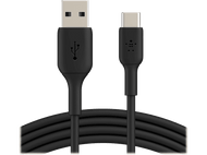 Câble USB noir avec connecteurs USB-A et USB-C. Fond blanc. Le câble est enroulé.