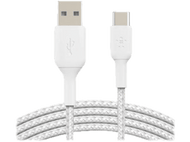 Câble blanc USB-A vers USB-C avec câble tressé. Les connecteurs sont blancs.