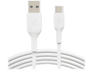Câble USB vers USB-C blanc. Les extrémités sont visibles. Fond blanc.