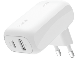Chargeur USB-C Belkin blanc avec deux ports. Sortie 30W et 12W.