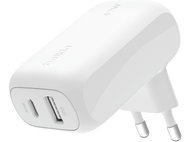 Chargeur USB-C Belkin blanc avec deux ports. Sortie 30W et 12W.
