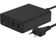 Adaptateur secteur USB Belkin noir avec plusieurs ports, dont USB-C et USB-A, avec prise.