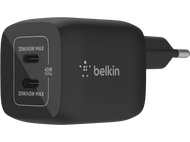 Chargeur Belkin noir avec deux ports USB-C et une prise. Il affiche la puissance maximale dessus.