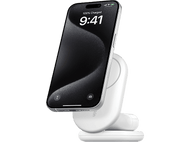 Chargeur de téléphone blanc avec un téléphone affichant un écran de chargement.