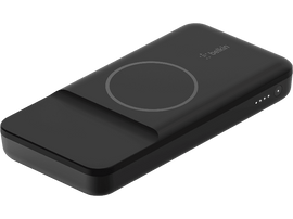 Socle de chargement sans fil Belkin noir. Zone de chargement circulaire. Logo Belkin.