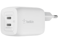 Chargeur Belkin blanc avec deux ports USB-C et une prise.