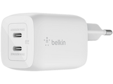 Charger l&#39;image dans la galerie, Un chargeur Belkin blanc. Il possède deux ports USB-C avec des puissances. Une prise est à droite.
