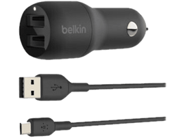 BELKIN Chargeur voiture 2 x USB + Câble USB - USB-C Noir (CCE001bt1MBK)