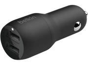 Chargeur de voiture Belkin noir avec deux ports USB.