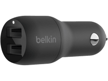 Charger l&#39;image dans la galerie, Un chargeur de voiture Belkin noir avec deux ports USB et une lumière d&#39;indication blanche en haut.
