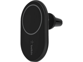 Support de téléphone de voiture magnétique Belkin noir. Le support est sur un fond noir.