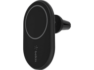 Support de téléphone de voiture magnétique Belkin noir. Le support est sur un fond noir.