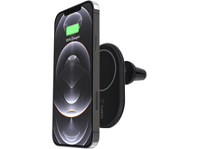 Charger l&#39;image dans la galerie, Un téléphone noir est fixé à une ventilation de voiture avec un support magnétique noir.
