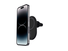 Charger l&#39;image dans la galerie, Téléphone fixé à un support d&#39;aération de voiture noir. Le téléphone est noir avec un cadre argenté.
