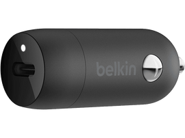 Chargeur de voiture Belkin noir avec port USB-C et LED blanche.