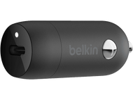 Chargeur de voiture Belkin noir avec port USB-C et LED blanche.