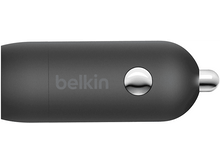 Charger l&#39;image dans la galerie, Un chargeur de voiture Belkin noir avec un bouton argenté sur fond blanc.
