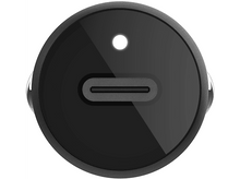 Charger l&#39;image dans la galerie, Chargeur de voiture noir avec un port USB-C. Surface noire brillante avec une petite lumière blanche.
