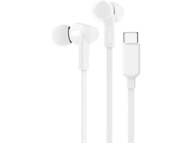 Écouteurs blancs avec câble blanc et connecteur USB-C.