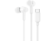 Écouteurs blancs avec câble blanc et connecteur USB-C.