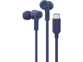 Écouteurs Belkin bleus avec un connecteur USB-C. Le câble et les écouteurs sont bleus.