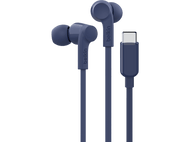 Écouteurs Belkin bleus avec un connecteur USB-C. Le câble et les écouteurs sont bleus.