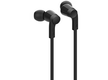 Charger l&#39;image dans la galerie, Écouteurs noirs avec des fils noirs. Les écouteurs sont côte à côte. Belkin est visible sur les écouteurs.
