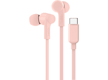 Charger l&#39;image dans la galerie, Écouteurs Belkin roses avec un connecteur USB-C et un câble rose, fond noir.
